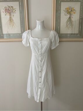 White Linen Button Up Puff Sleeve Dress